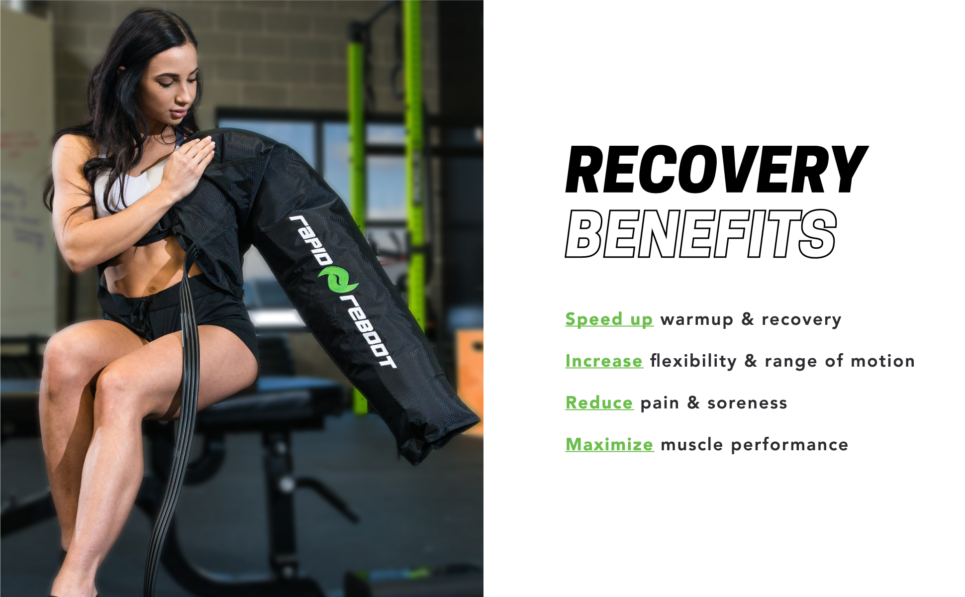 Athlete using Rapid Reboot REGEN compression boots for post-workout recovery in a gym setting.