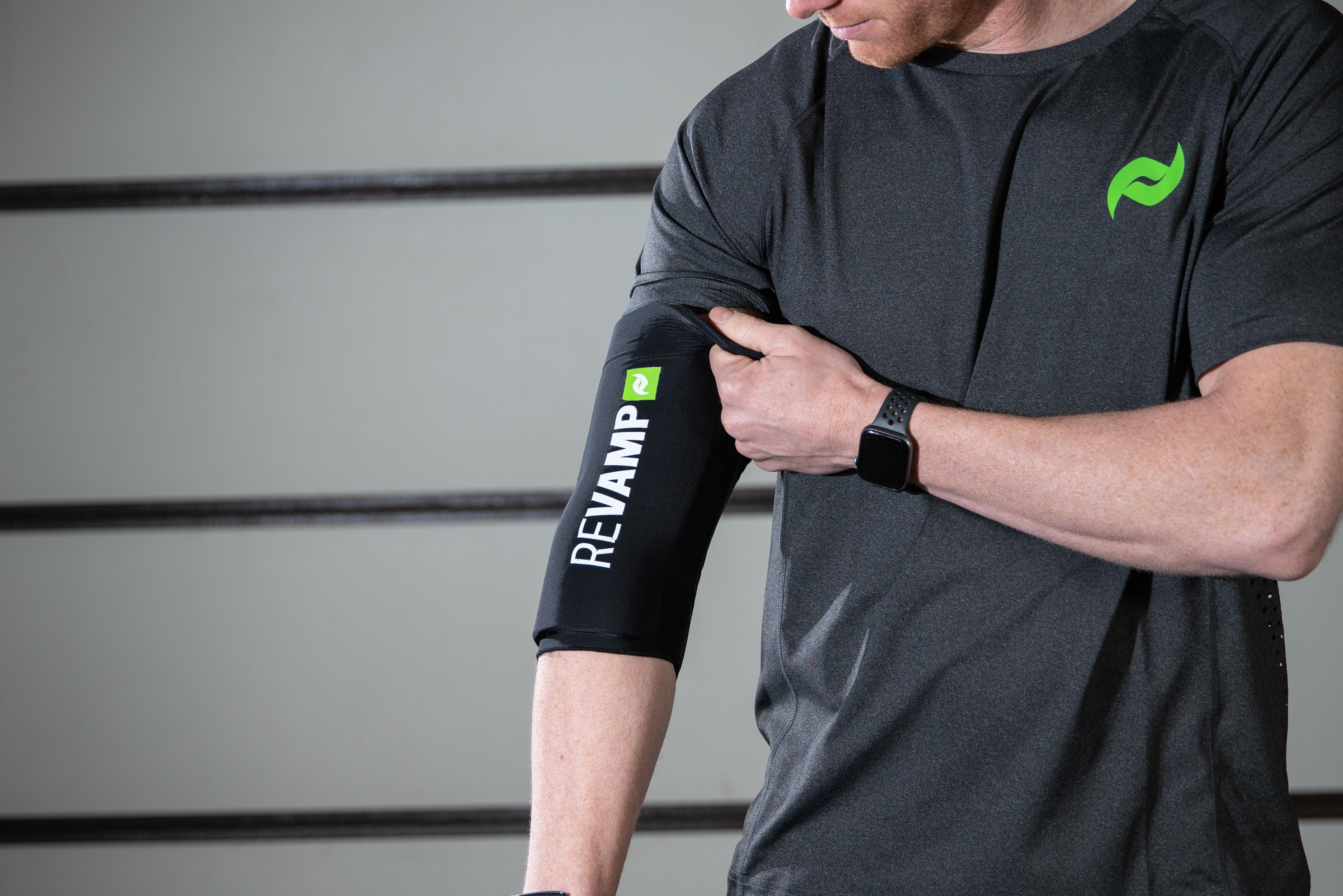 Rapid Reboot Revamp hot and cold sleeve on an arm for contrast therapy protocol.