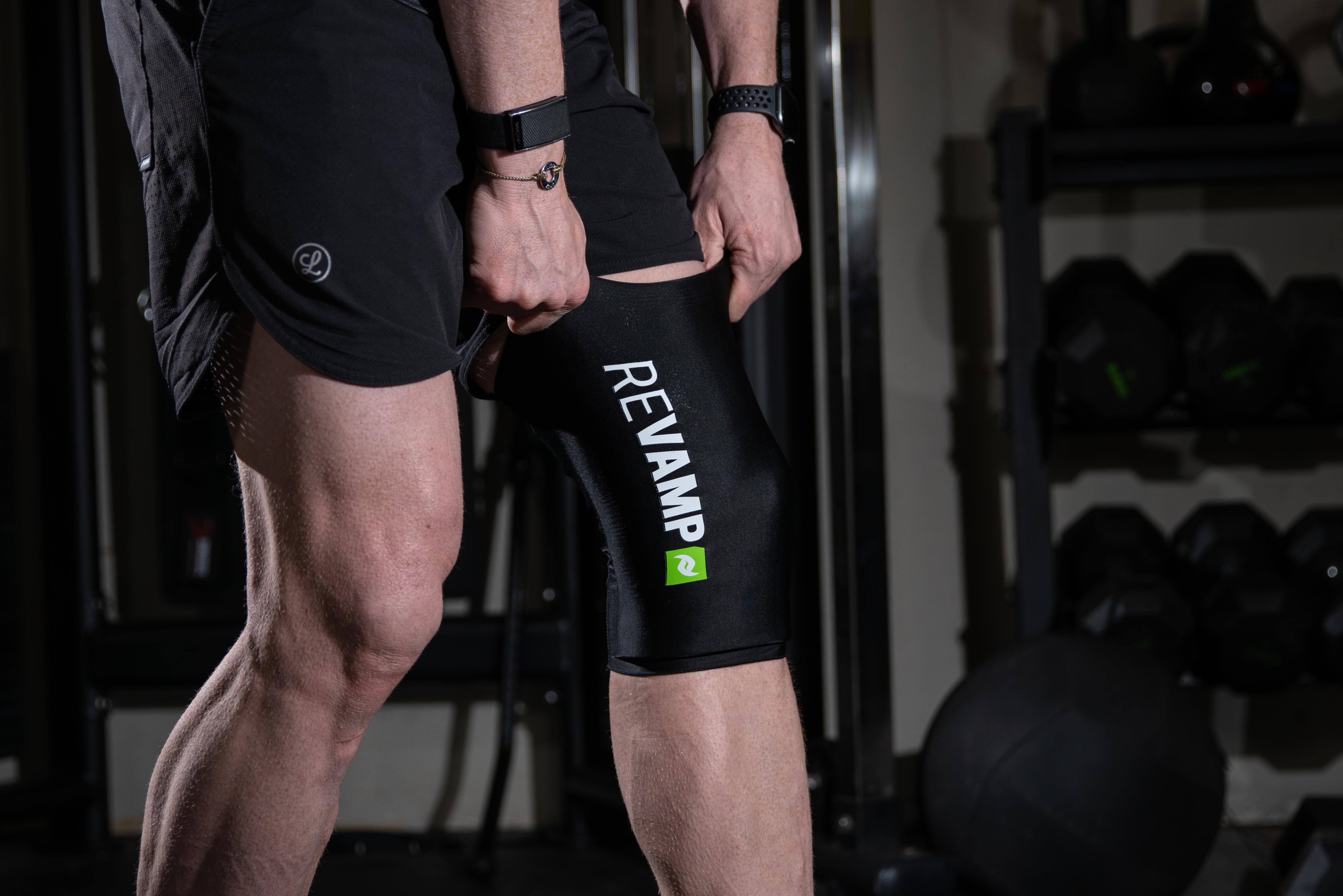 Rapid Reboot Revamp hot and cold sleeve on a knee for contrast recovery therapy.